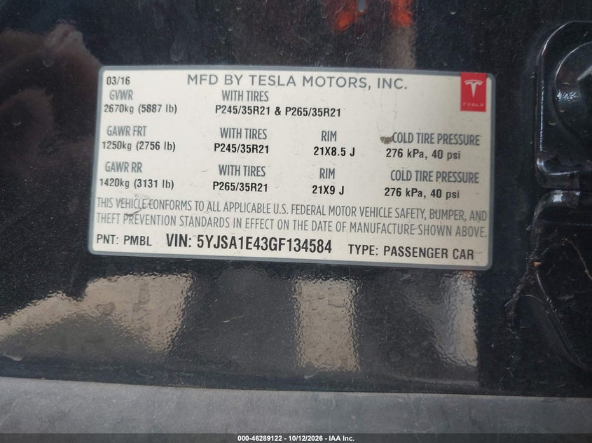 TESLA MODEL S 2016 VIN 5YJSA1E43GF134584