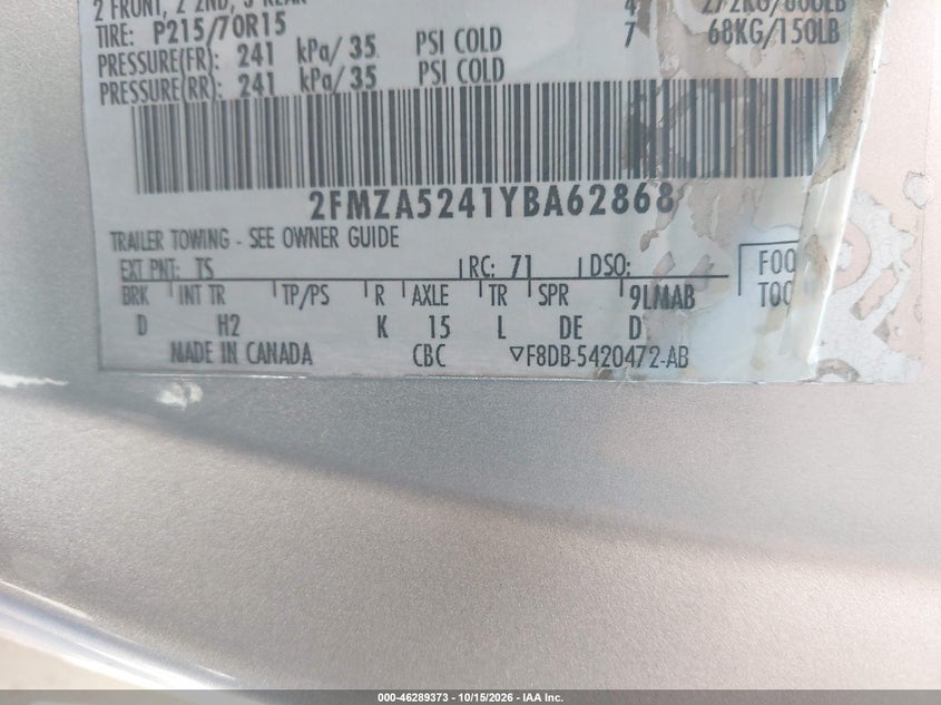 FORD WINDSTAR 2000 VIN 2FMZA5241YBA62868