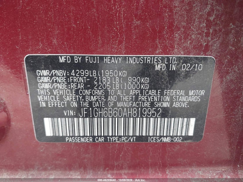 SUBARU IMPREZA 2010 VIN JF1GH6B60AH819952