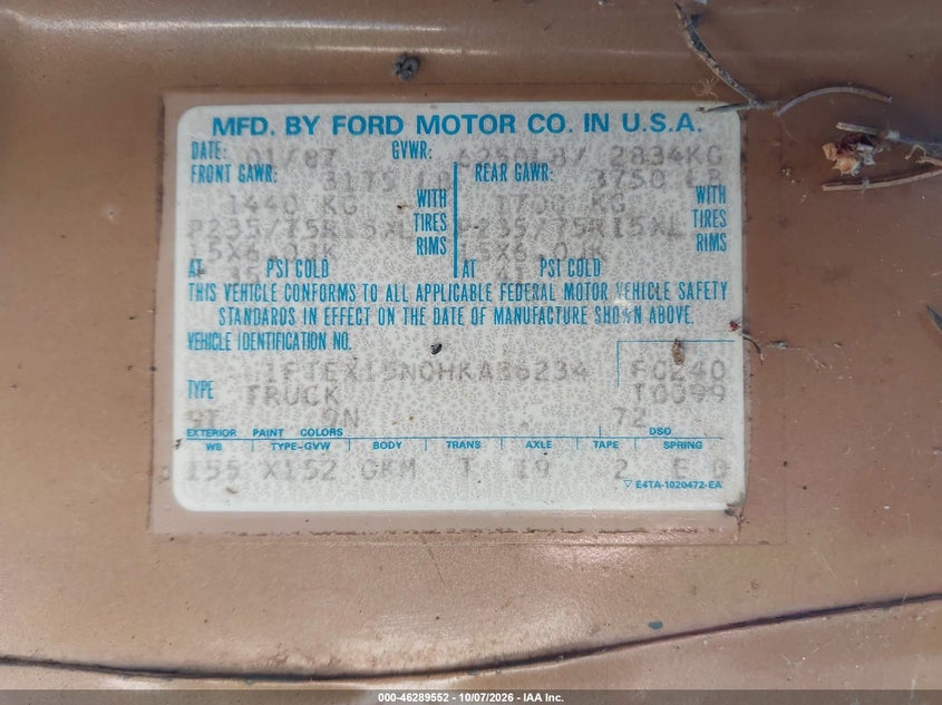 FORD F150 1987 VIN 1FTEX15N0HKA36234