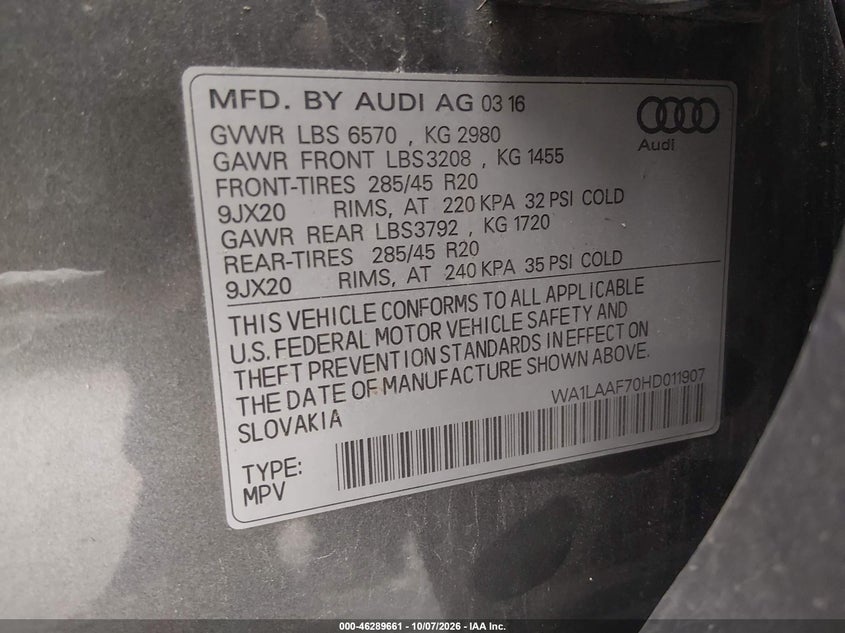 AUDI Q7 2017 VIN WA1LAAF70HD011907