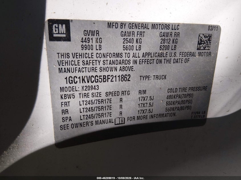 CHEVROLET SILVERADO 2500HD 2011 VIN 1GC1KVCG5BF211862