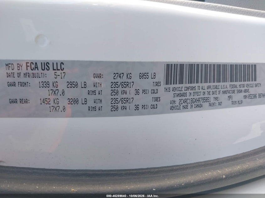 CHRYSLER PACIFICA 2017 VIN 2C4RC1BGXHR795851