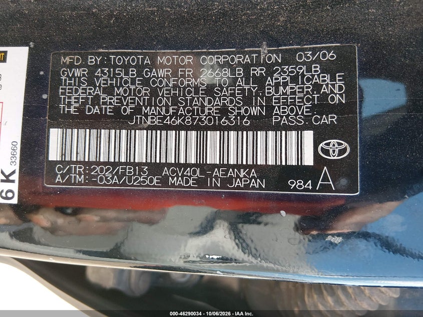 TOYOTA CAMRY 2007 VIN JTNBE46K873016316