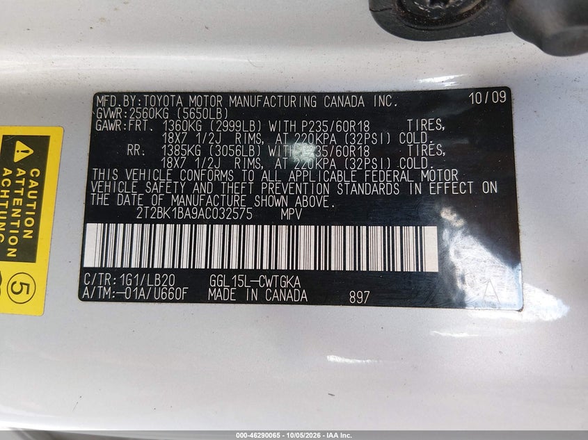 LEXUS RX 350 2010 VIN 2T2BK1BA9AC032575