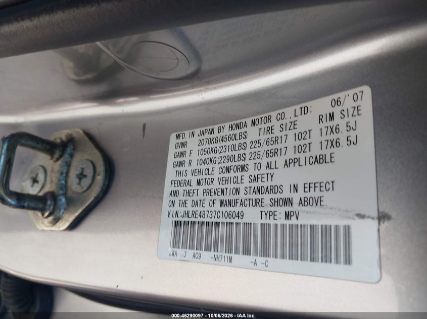 HONDA CR-V 2007 VIN JHLRE48737C106049