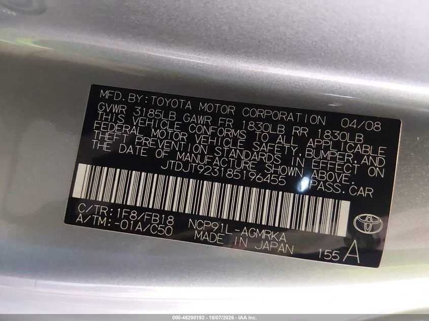 TOYOTA YARIS 2008 VIN JTDJT923185196455
