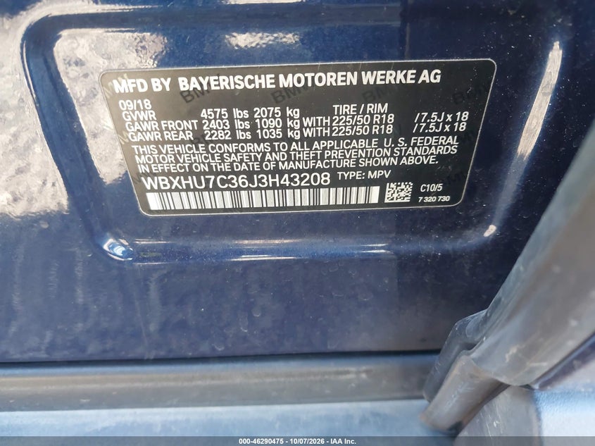 BMW X1 2018 VIN WBXHU7C36J3H43208