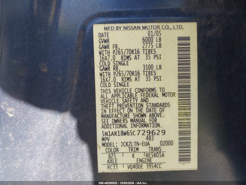 NISSAN PATHFINDER 2005 VIN 5N1AR18W65C729629