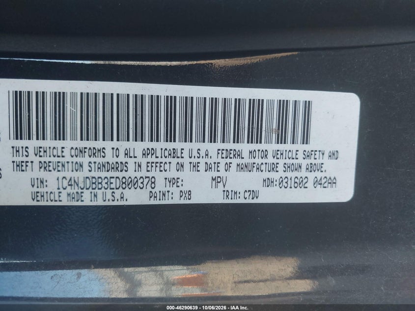 JEEP COMPASS 2014 VIN 1C4NJDBB3ED800378