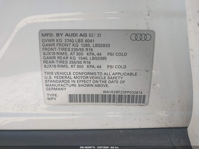 AUDI Q4 E-TRON 2023 VIN WA1K2BFZ3PP032814