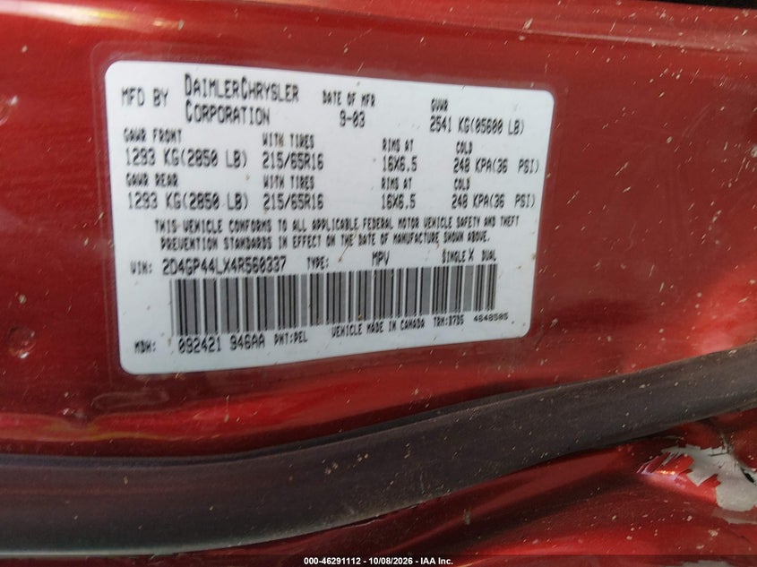DODGE GRAND CARAVAN 2004 VIN 2D4GP44LX4R560337