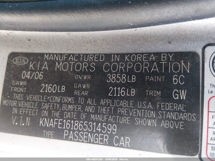 KIA SPECTRA5 2006 VIN KNAFE161865314599