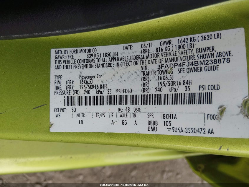 FORD FIESTA 2011 VIN 3FADP4FJ4BM238878