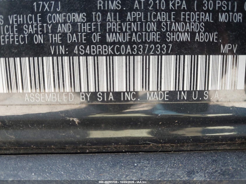 SUBARU OUTBACK 2010 VIN 4S4BRBKC0A3372337