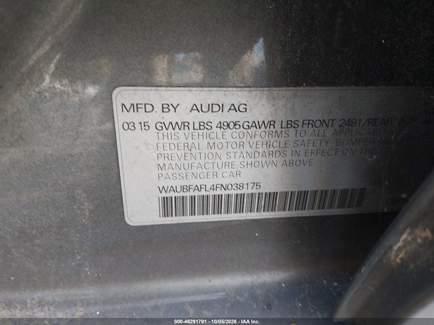 AUDI A4 2015 VIN WAUBFAFL4FN038175
