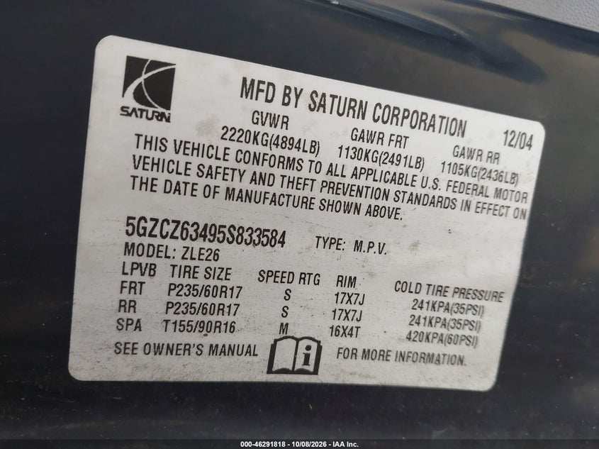 SATURN VUE 2005 VIN 5GZCZ63495S833584