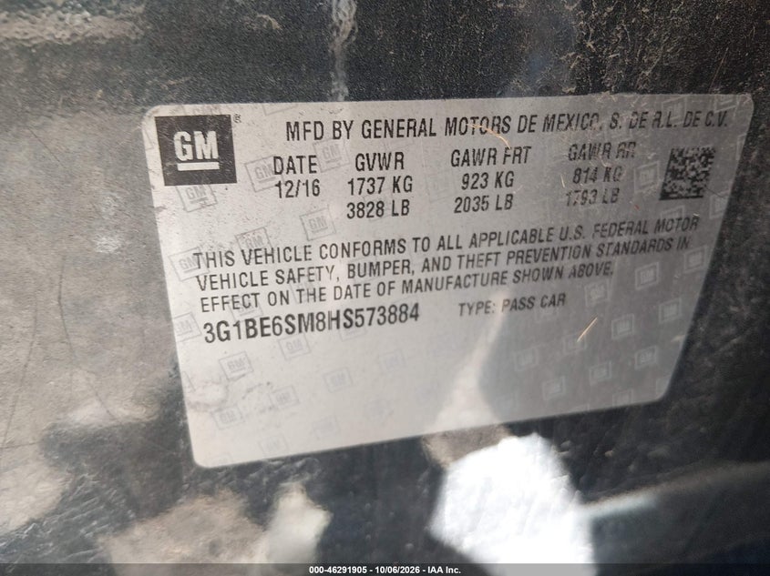 CHEVROLET CRUZE 2017 VIN 3G1BE6SM8HS573884