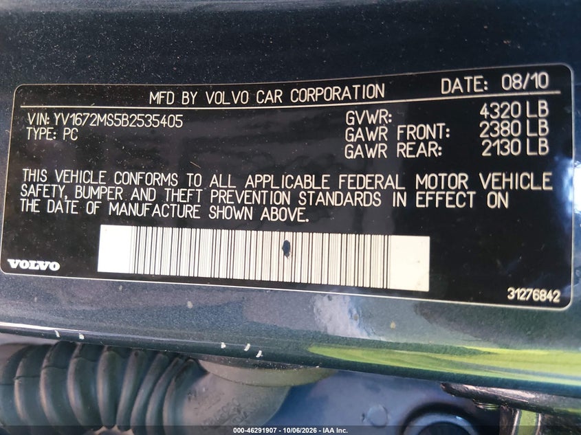 VOLVO S40 2011 VIN YV1672MS5B2535405