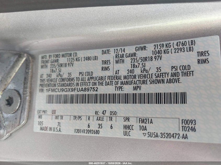 FORD ESCAPE 2015 VIN 1FMCU9GX9FUA89752