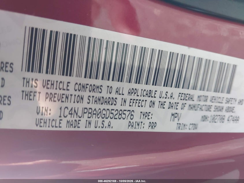 JEEP PATRIOT 2016 VIN 1C4NJPBA0GD528576