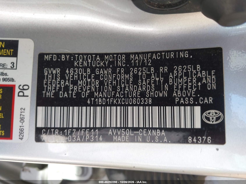 TOYOTA CAMRY HYBRID 2012 VIN 4T1BD1FKXCU060338