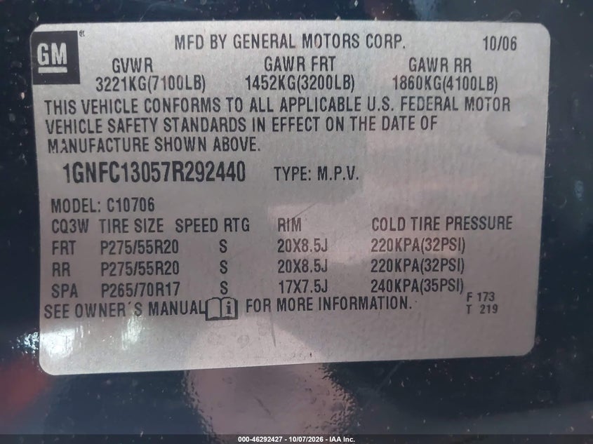 CHEVROLET TAHOE 2007 VIN 1GNFC13057R292440