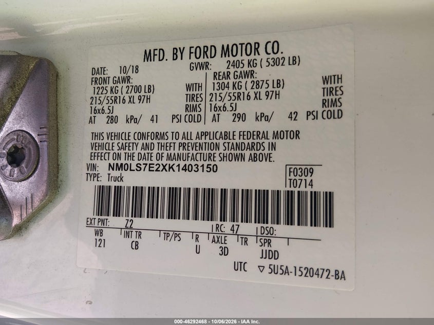 FORD TRANSIT CONNECT 2019 VIN NM0LS7E2XK1403150