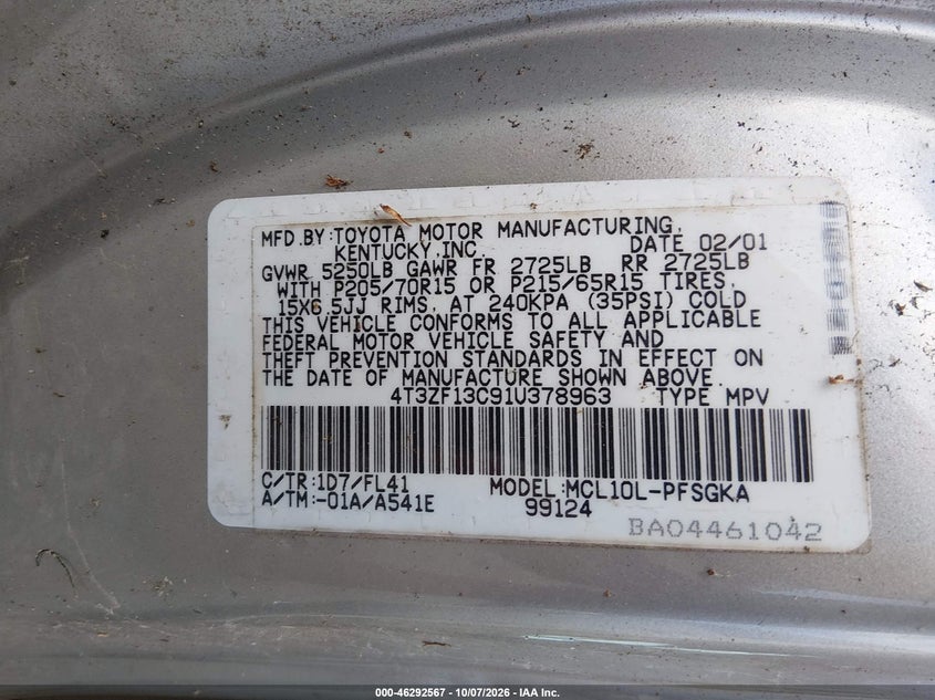 TOYOTA SIENNA 2001 VIN 4T3zf13C91U378963