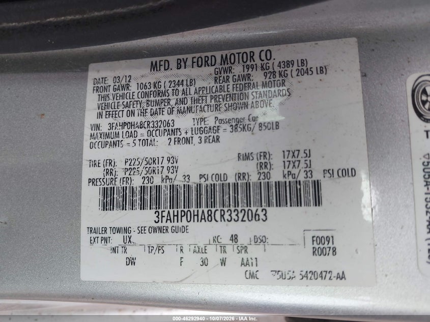 FORD FUSION 2012 VIN 3FAHP0HA8CR332063