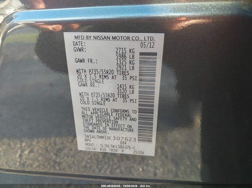 INFINITI JX35 2013 VIN 5N1AL0MM1DC307623