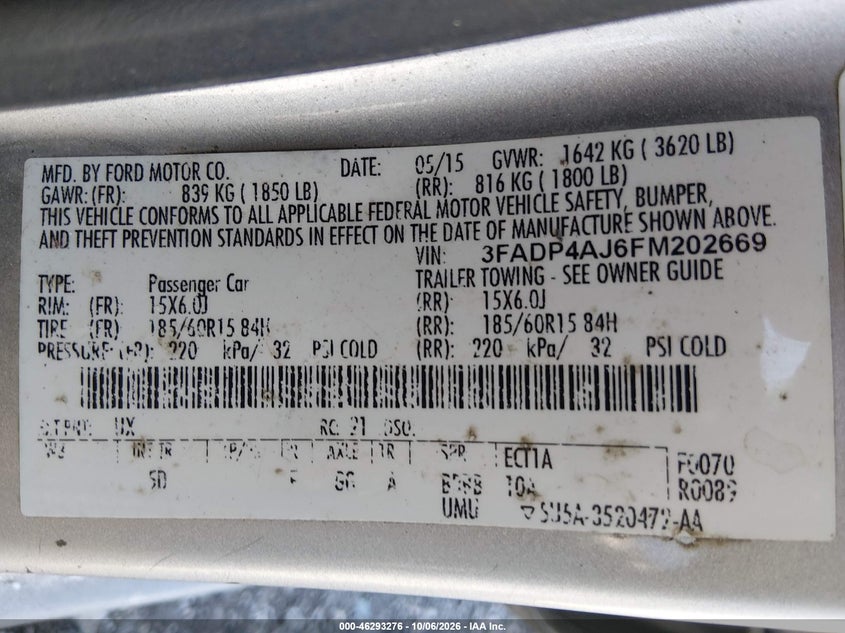 FORD FIESTA 2015 VIN 3FADP4AJ6FM202669