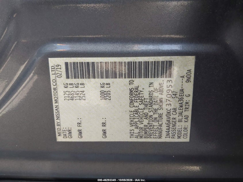 NISSAN MAXIMA 2019 VIN 1N4AA6AV0KC370953