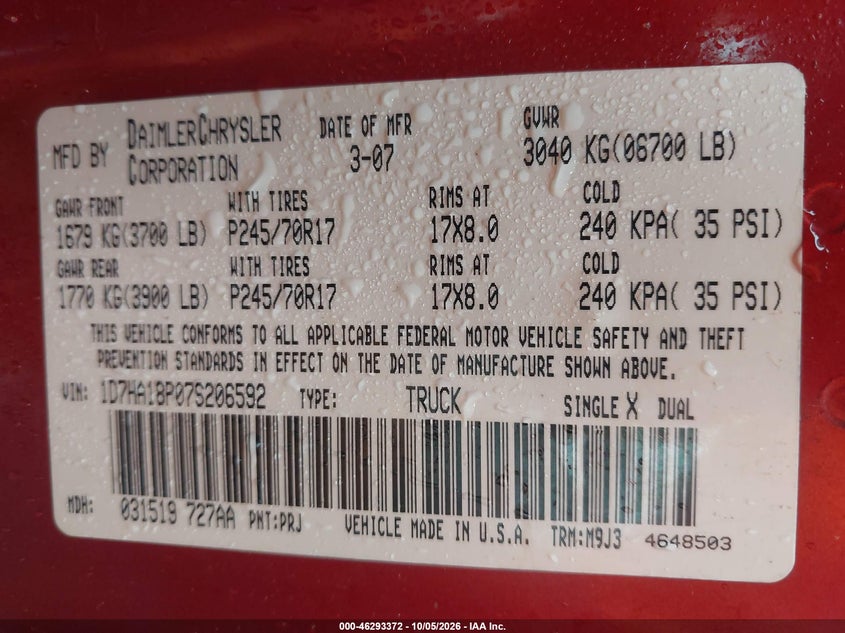 DODGE RAM 1500 2007 VIN 1D7HA18P07S206592