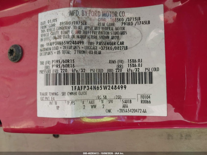 FORD FOCUS 2005 VIN 1FAFP34N65W248499
