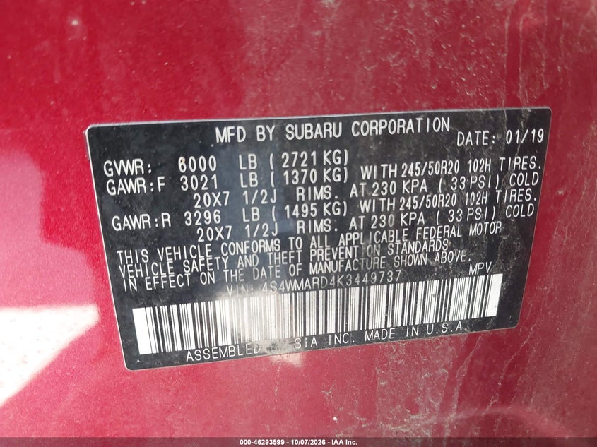 SUBARU ASCENT 2019 VIN 4S4WMARD4K3449737