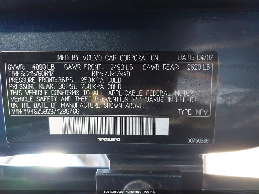 VOLVO XC70 2007 VIN YV4SZ592371286766