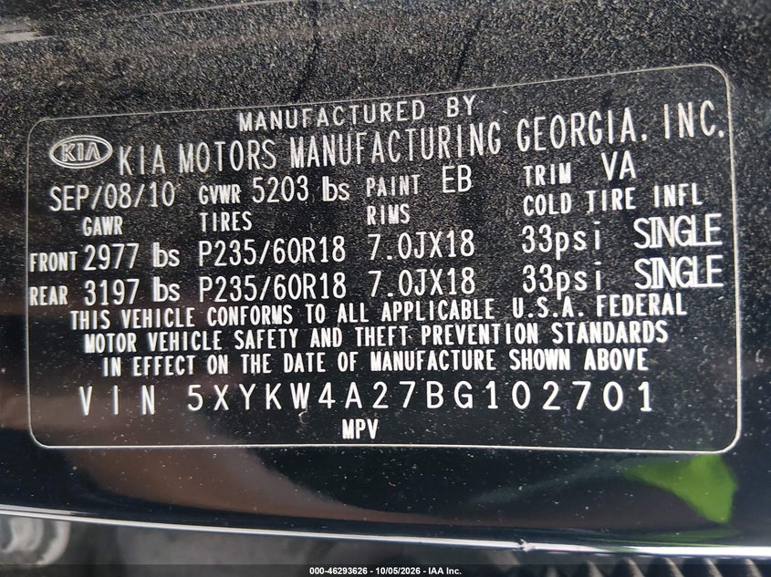 KIA SORENTO 2011 VIN 5XYKW4A27BG102701