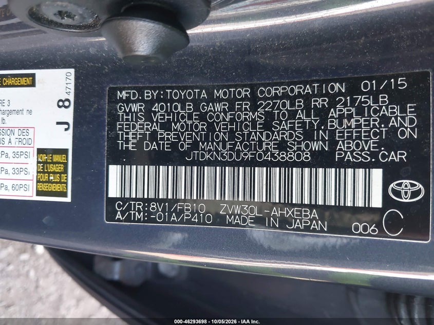 TOYOTA PRIUS 2015 VIN JTDKN3DU9F0438808