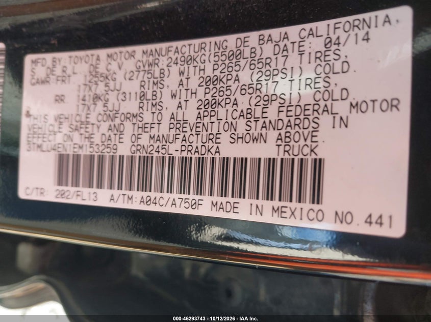 TOYOTA TACOMA 2014 VIN 3TMLU4EN1EM153259
