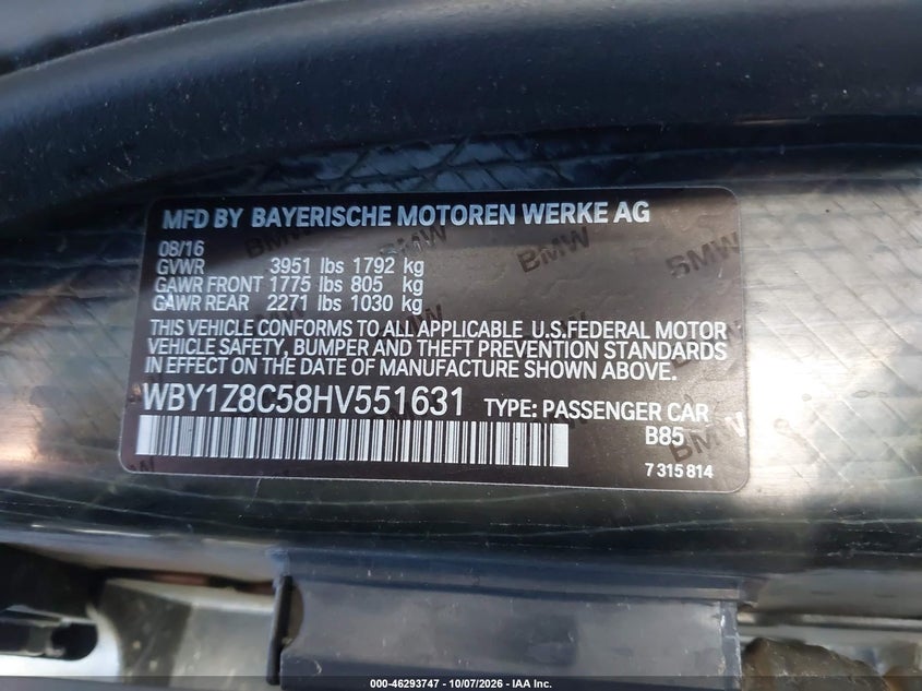 BMW I3 2017 VIN WBY1Z8C58HV551631