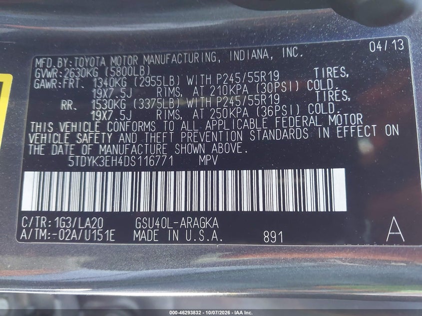 TOYOTA HIGHLANDER 2013 VIN 5TDYK3EH4DS116771