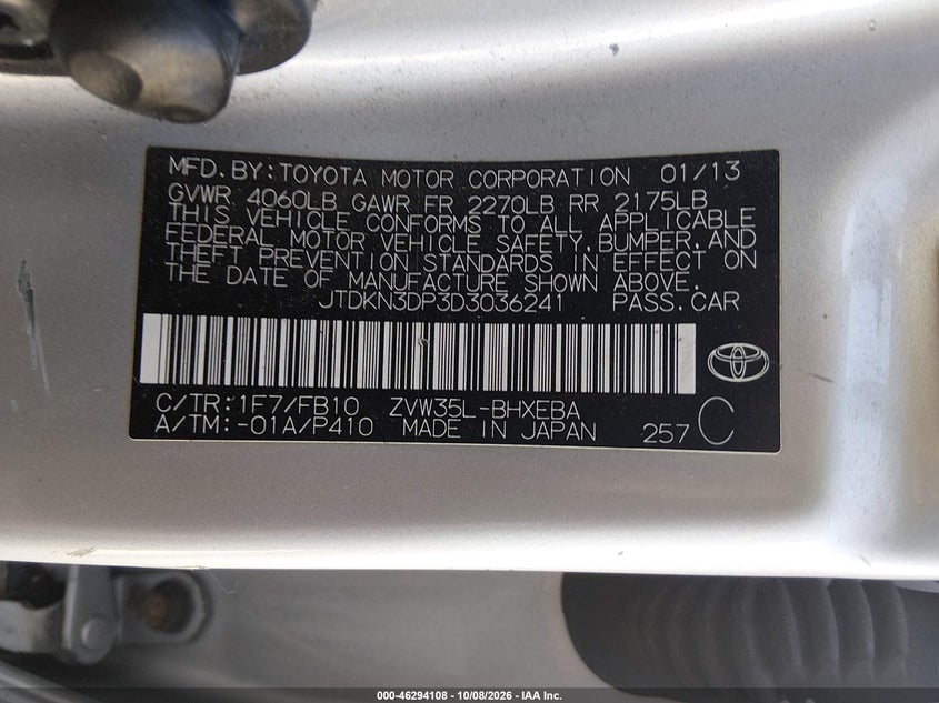 TOYOTA PRIUS PLUG-IN 2013 VIN JTDKN3DP3D3036241