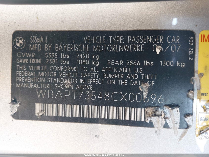 BMW 535XI 2008 VIN WBAPT73548CX00696