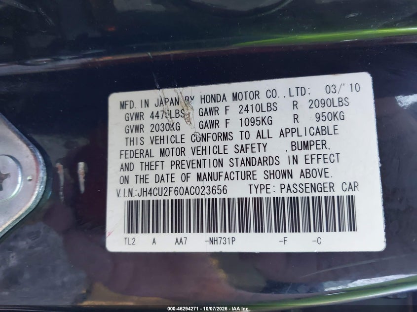 ACURA TSX 2010 VIN JH4CU2F60AC023656