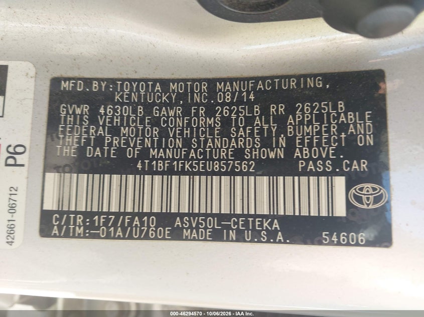 TOYOTA CAMRY 2014 VIN 4T1BF1FK5EU857562