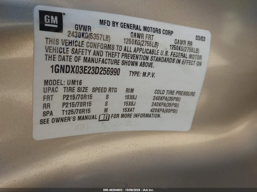 CHEVROLET VENTURE 2003 VIN 1GNDX03E23D256990