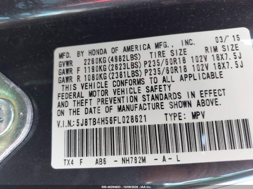 ACURA RDX 2015 VIN 5J8TB4H56FL028621