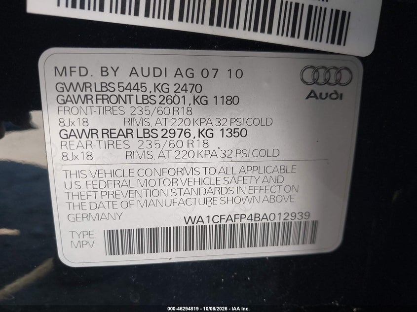 AUDI Q5 2011 VIN WA1CFAFP4BA012939