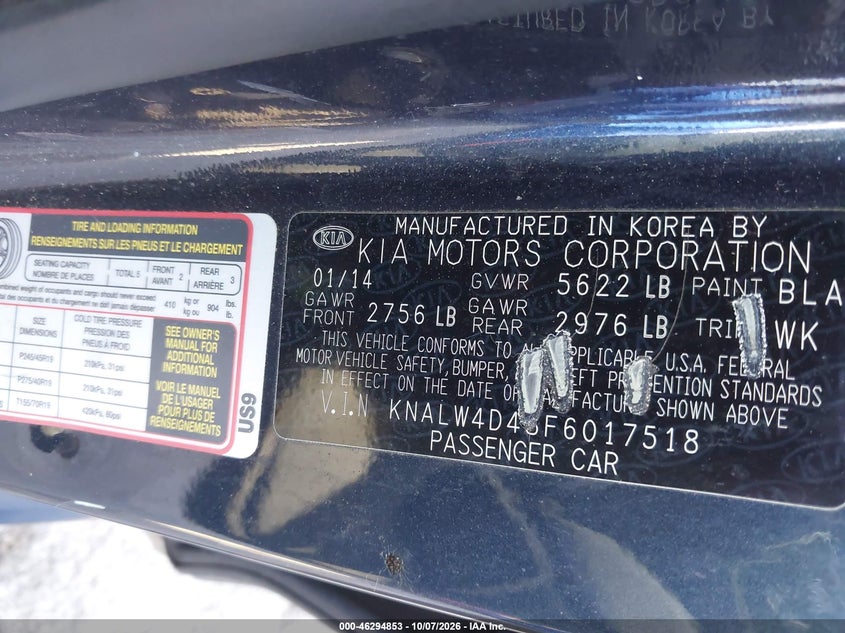 KIA K900 2015 VIN KNALW4D48F6017518